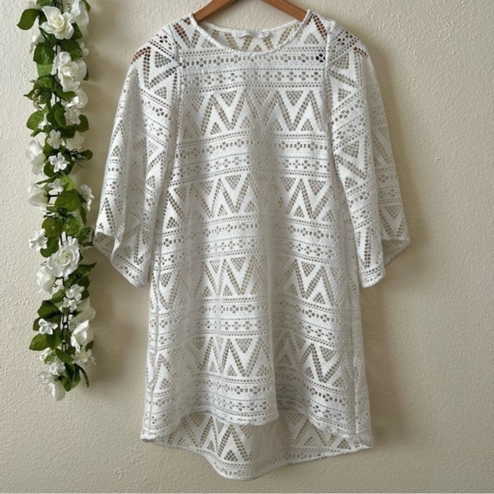 Anne Fontaine Paris White Lace Floral Kimono Sleeve Mini Dress